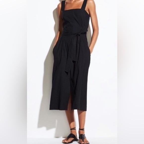 VINCE Black 100% cotton square neck belted midi dress size small - Picture 2 of 15